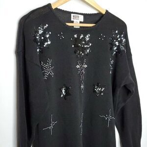 Vintage 90s Beaded Sequin Sweater L Black Gray Metallic Pullover Long Sleeve